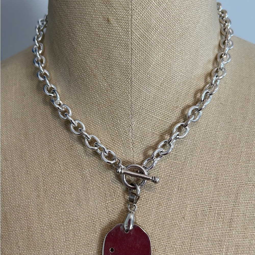 Bold Silver and Red Necklace with Teardrop Pendant